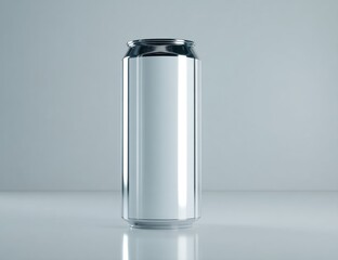 Tall, slim aluminum can with a blank white label. Silver top and bottom accents. Placed on a reflective white surface against a soft, blurred grey background
