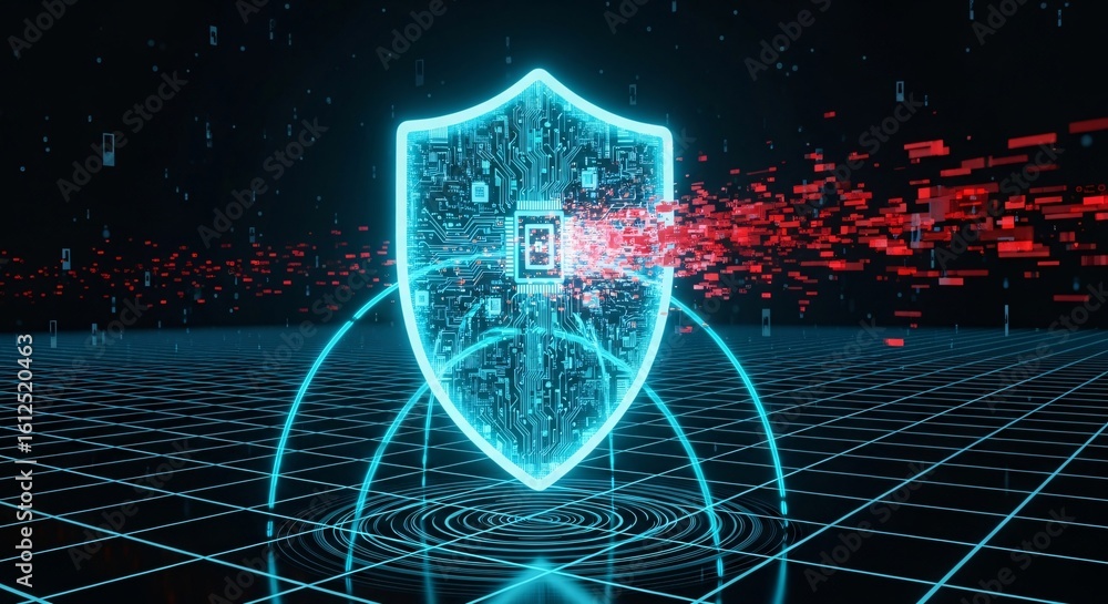 Poster a glowing blue shield with circuit patterns deflecting red fragments on a dark grid background image