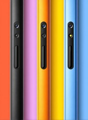 Array of colored smartphones with visible camera panels, close-up, side-by-side, alternating warm & cool tones, minimalist style, centered