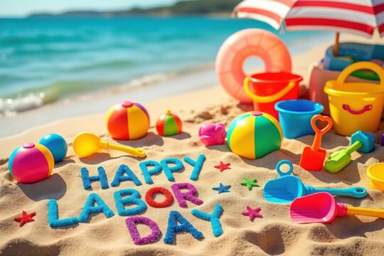 Happy labor day beach celebration with toys and umbrellas