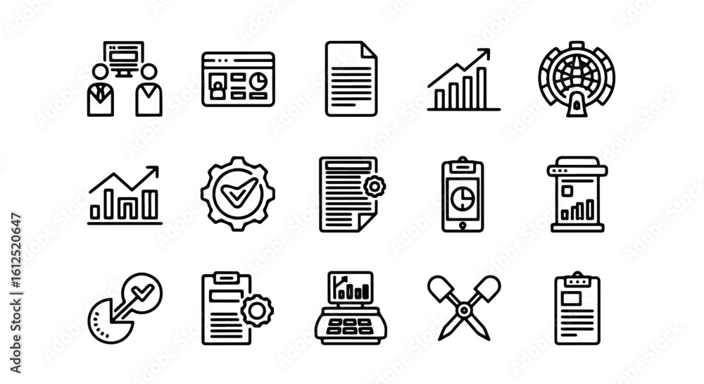 Poster line editable icon set of business and analytics icons representing data, growth, and strategy line 