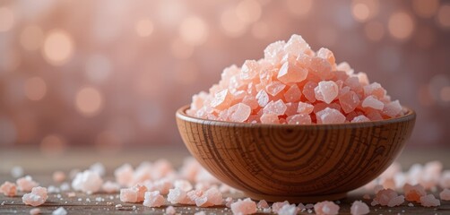 A carved wooden bowl overflowing with large pink Himalayan salt crystals, with some scattered around on a dark wooden surface, against a sparkling pink bokeh background, conveying health, beauty, and 