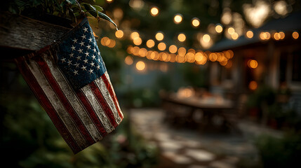 Independence day celebration. American flag backyard barbecue, summer evening, string lights, festive, family gathering holiday, 4th july