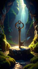 Antique key in mystical cave
