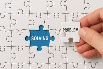 Problem Solving Puzzle: A hand delicately places the final piece into a jigsaw puzzle, symbolizing problem-solving and the achievement of a successful resolution.