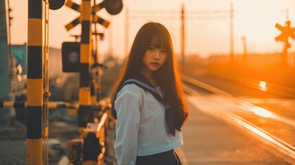 A beautiful Korean woman with long straight black hair and soft bangs, wearing a white and navy sailor-style school uniform with a pleated skirt