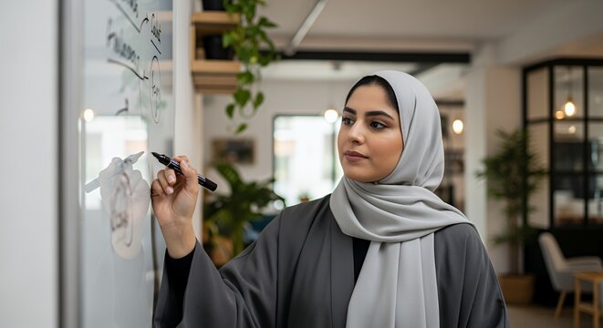 A woman in a hijab thoughtfully writes on a whiteboard during a brainstorming session in a modern .