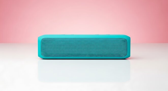 A teal-colored portable Bluetooth speaker sits on a white surface against a pink background, showcasing its design and compact size.