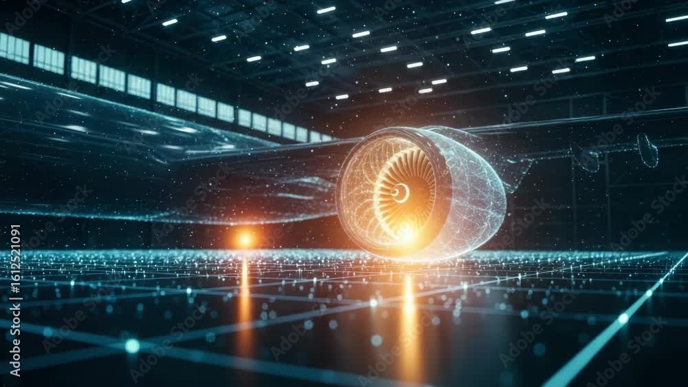 Poster a futuristic aircraft engine displayed in a high-tech hangar showcasing intricate digital designs an