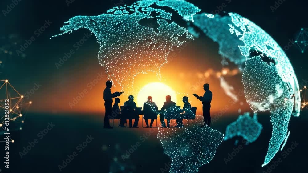 Poster a diverse group of business professionals engaged in a collaborative meeting around a table silhouet