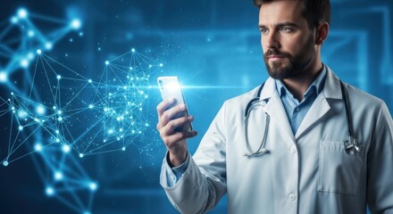 Doctor analyzing complex data on a futuristic mobile device with glowing network connections