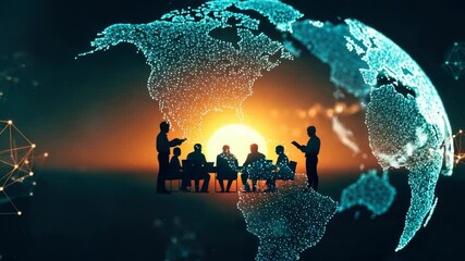 A diverse group of business professionals engaged in a collaborative meeting around a table silhouetted against a vibrant sunset with a digital globe and abstract technology elements in the background - Powered by Adobe
