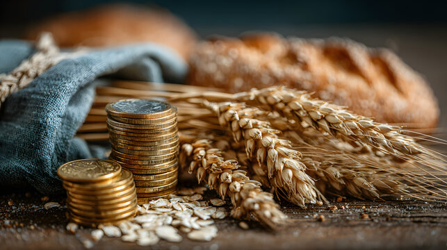 Currency fluctuation on commodities concept. Financial growth represented by wheat and coins on a table.