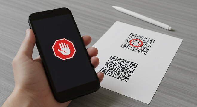 Smartphone displaying stop hand signal with QR codes on paper, representing security concerns and fraud prevention. - Powered by Adobe