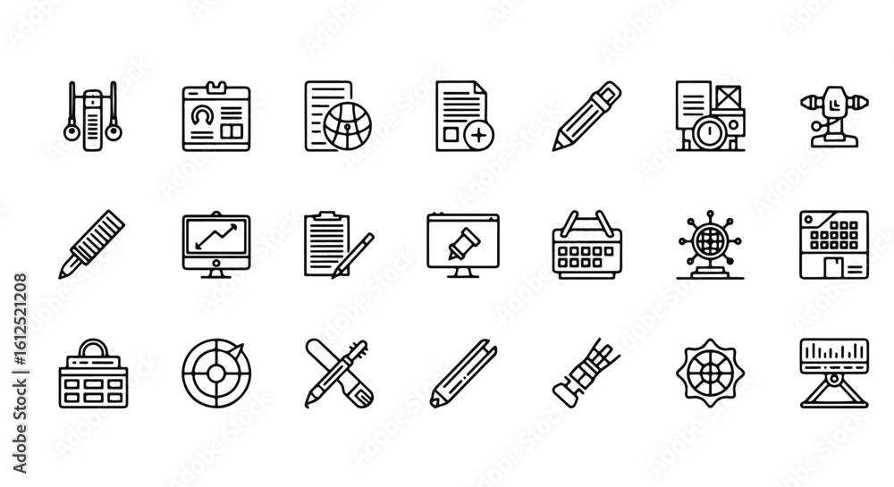 Poster line editable icon set of business and finance icons representing various concepts like analytics, p
