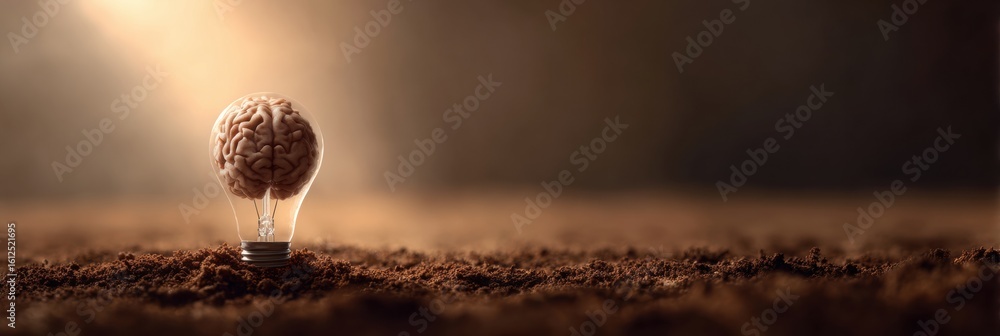 Poster light bulb shaped like a brain emerging from soil with warm background illuminating the creative con