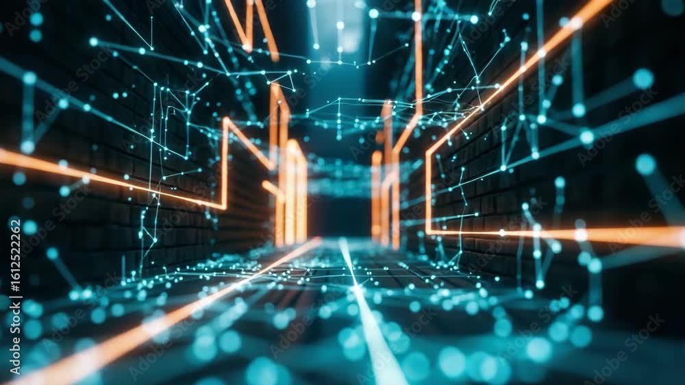 Poster a futuristic corridor illuminated by glowing blue and orange lines featuring a network of digital co