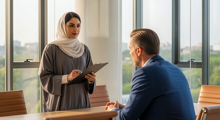 A businesswoman in traditional attire conducts a professional meeting with a male colleague in a modern setting.