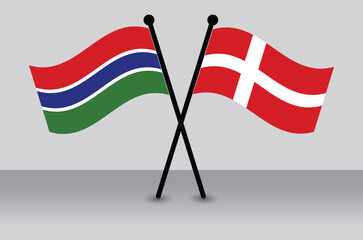Crossed flags of Gambia and Denmark. Waving Flags Flat Style. Official Proportion.