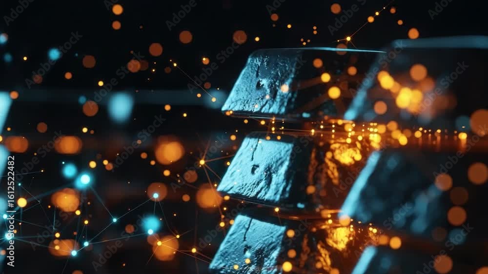 Poster close-up view of gleaming gold bars stacked in a dark environment illuminated by a network of glowin