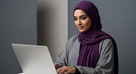 A young woman wearing a hijab uses a laptop computer, working from home or in a quiet space.