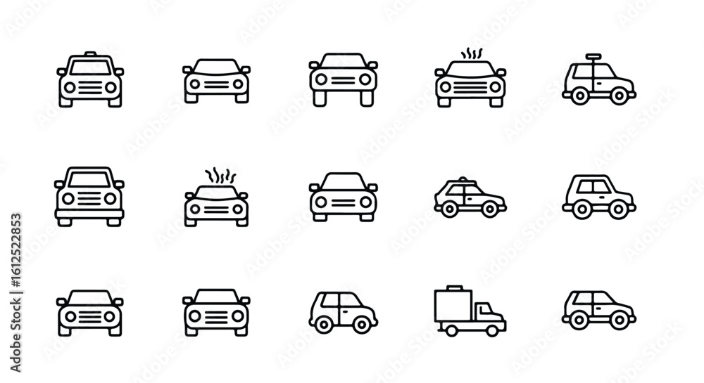 Poster line editable icon set of car icons, showcasing various vehicle types and styles line icon set