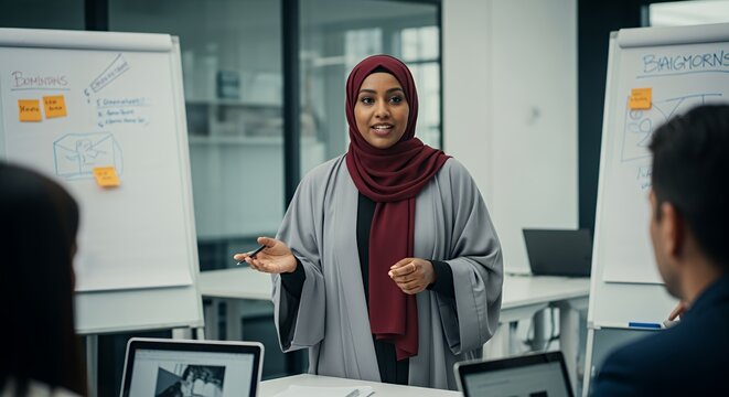 A confident woman in a hijab delivers a presentation to colleagues in a modern setting, showcasing her expertise and leadership. - Powered by Adobe