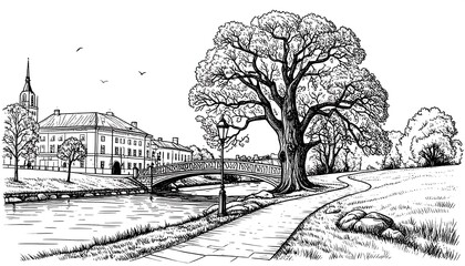 Hand-drawn monochrome illustration of a serene park with buildings and bridge