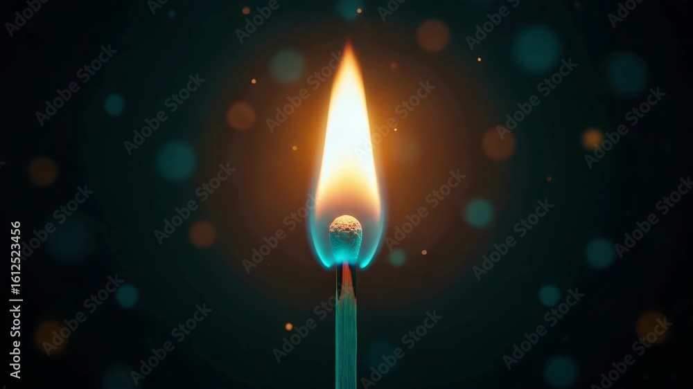 Poster a close-up view of a lit matchstick with a vibrant flame surrounded by a blurred background of shimm