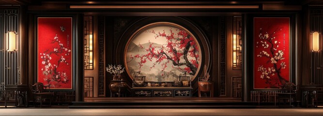 Cultural Chinese interior featuring symmetrical floral designs and rich colors in an elegant setting