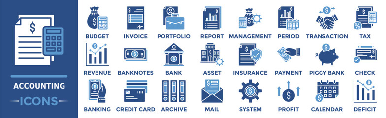 Accounting icon collection set. Containing accounting, budget, invoice, tax, report, revenue, banknotes and more. Solid vector icons collection