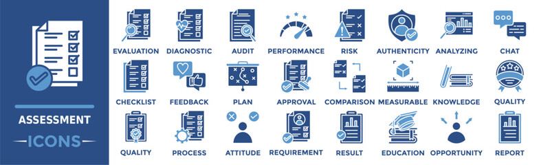 Assessment icon collection set. Containing evaluation, diagnostic, analyzing, requirement, risk, checklist, feedback and more. Solid vector icons collection