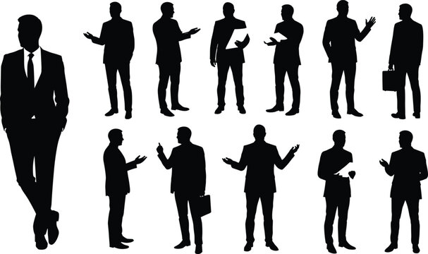 Cad drawing flat vector illustration, business professional silhouettes in suits, formal gestures, corporate teamwork, presentation, leadership, negotiation, office discussion