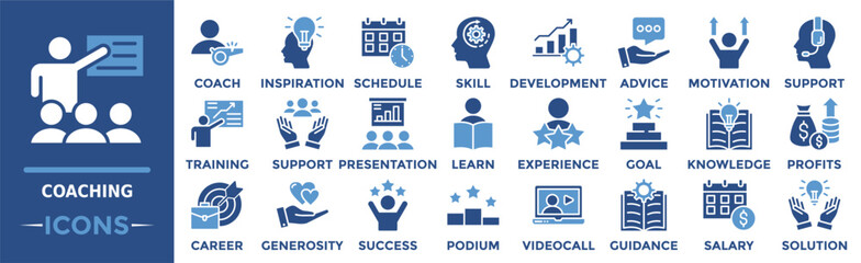 Coaching icon collection set. Containing coach, inspiration, schedule, skill, development, advice, motivation and more. Solid vector icons collection