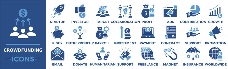 Crowdfunding icon collection set. Containing startup, collaboration, target, investor, contribution, piggy bank, payroll and more. Solid vector icons collection