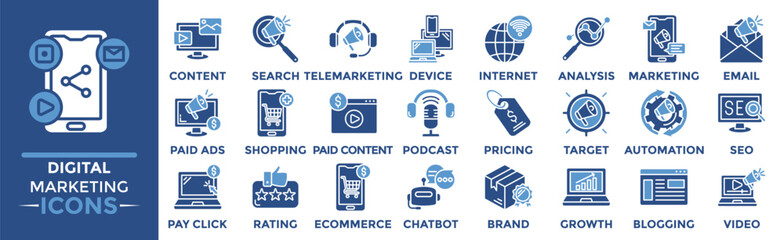 Digital Marketing icon collection set. Containing content, search, telemarketing, device, internet, analysis, marketing and more. Solid vector icons collection