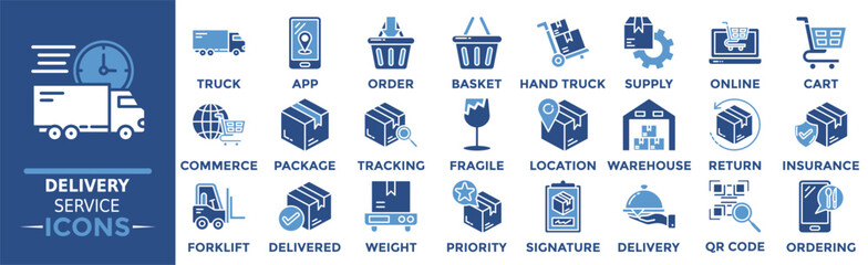 Delivery Service icon collection set. Containing truck, app, order, basket, hand truck, supply, online and more. Solid vector icons collection