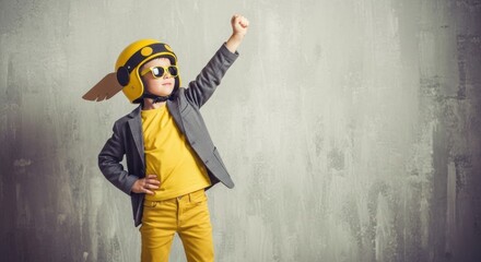 Confident Boy in Yellow Helmet and Sunglasses, Fist Raised, Gray Background