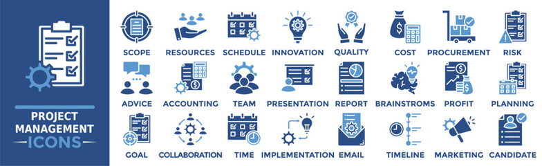 Project Management icon collection set. Containing scope, resources, schedule, innovation, quality, cost, procurement and more. Solid vector icons collection