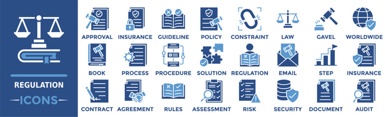 Regulation icon collection set. Containing approval, insurance, guideline, policy, constraint, law, gavel and more. Solid vector icons collection