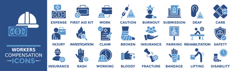 Worker Compensation icon collection set. Containing expense, first and kit, work, caution, burnout, submission, deaf and more. Solid vector icons collection
