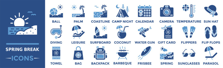 Spring Break icon collection set. Containing ball, palm, coastline, camp night, calendar, camera, temperature and more. Solid vector icons collection
