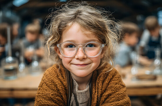 Smiling girl wears protective glasses STEM learning class. Children explore science, technology, engineering, math during experiments. Education innovation inspires young minds, encouraging