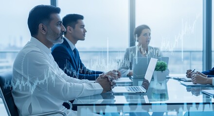 A diverse group of professionals collaborates around a glass table in a modern , laptops open, showcasing a stock market graph overlay.