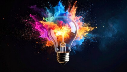 A light bulb glows amid a dual splash of pink and yellow.