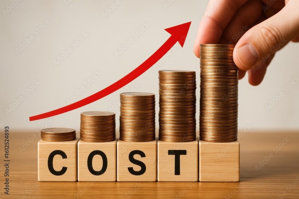 Poster cost increase with coins and arrow: a visually compelling image representing the concept of rising c