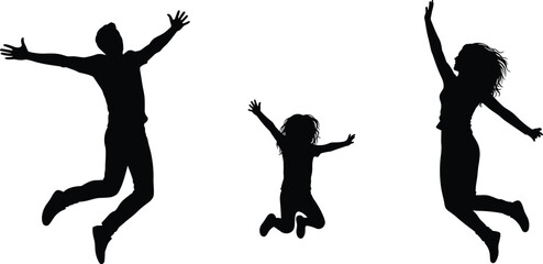 Cad drawing flat vector illustration, joyful family jumping silhouettes, energetic poses, celebrating life, happy moment, dynamic movement, black and white design