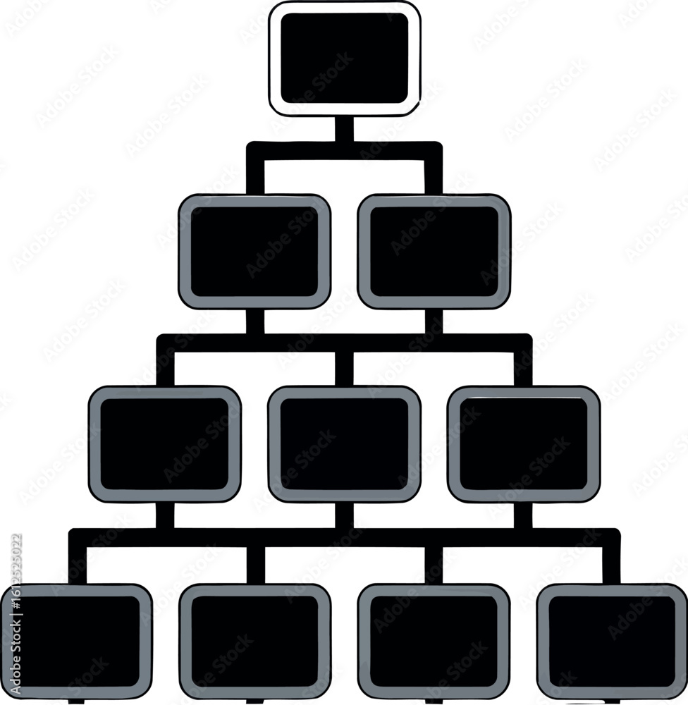 Aufkleber a black and gray hierarchical chart with ten rectangular nodes connected by lines on a white backgro