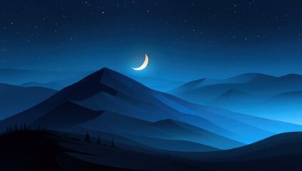 Fototapeta premium Crescent moon glows above layered blue mountains under a starry night sky. Sparse trees dot the foreground in this serene, minimalist landscape scene