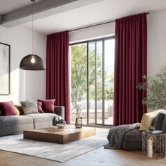 "Bordeaux curtains frame a large window in a modern home interior." -